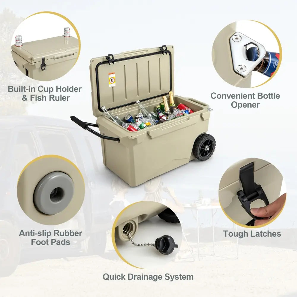 75 Quart Portable Cooler Rotomolded Ice Chest with Handles and Wheels-Tan - Tan - Coolers