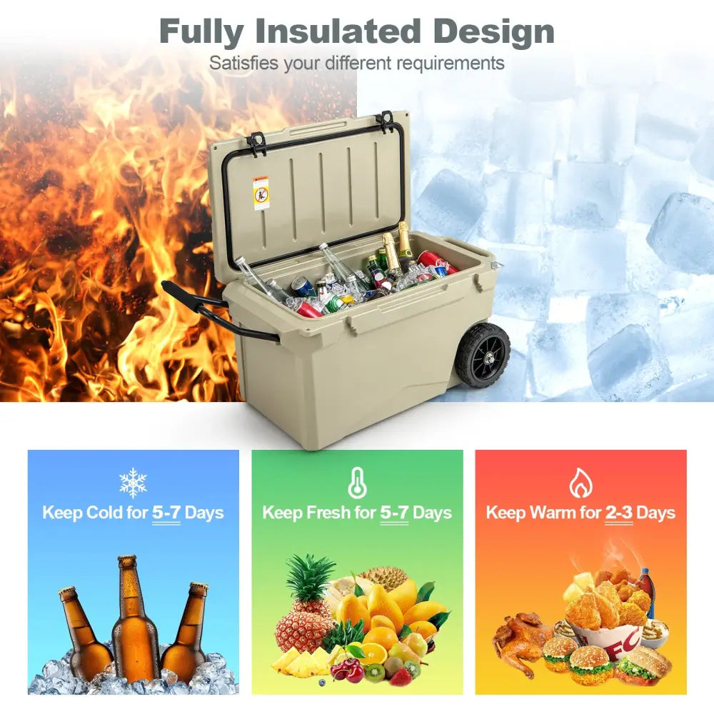 75 Quart Portable Cooler Rotomolded Ice Chest with Handles and Wheels-Tan - Tan - Coolers