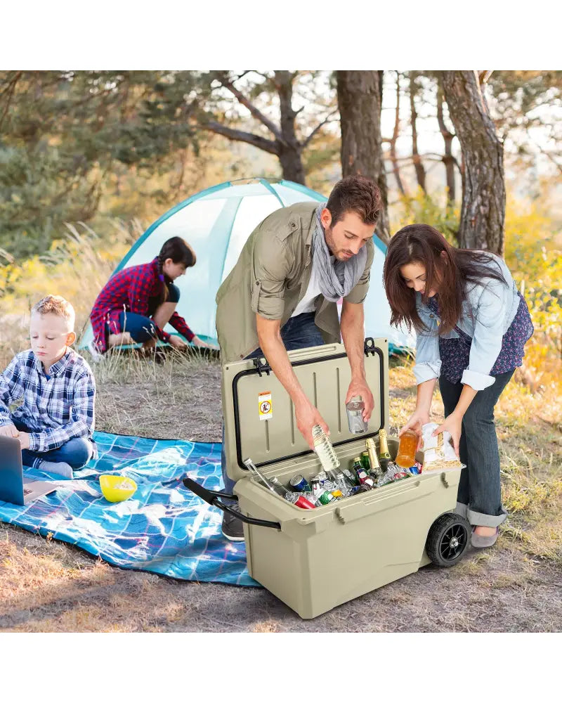75 Quart Portable Cooler Rotomolded Ice Chest with Handles and Wheels-Tan - Tan - Coolers
