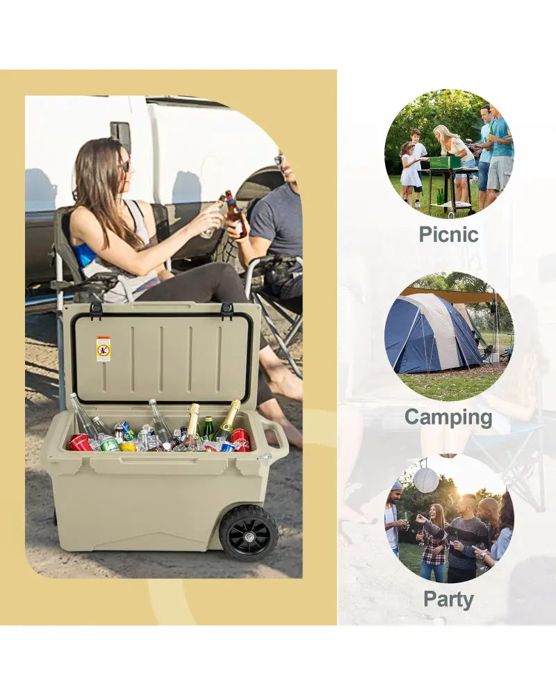 75 Quart Portable Cooler Rotomolded Ice Chest with Handles and Wheels-Tan - Tan - Coolers