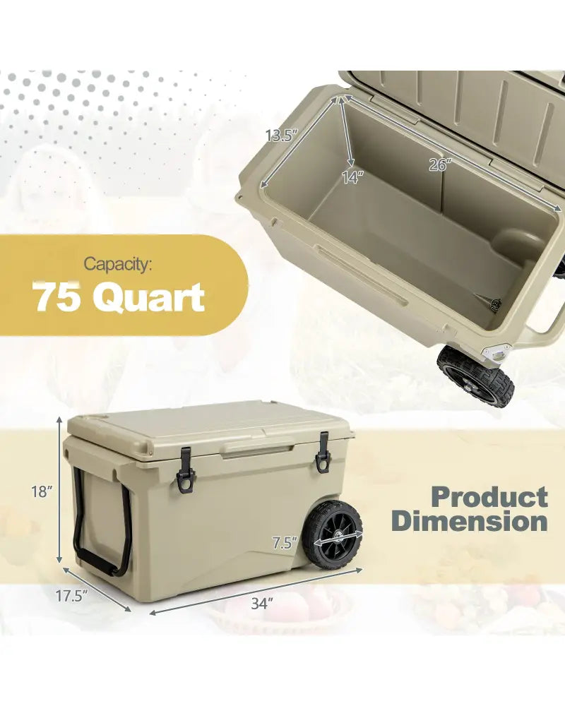 75 Quart Portable Cooler Rotomolded Ice Chest with Handles and Wheels-Tan - Tan - Coolers
