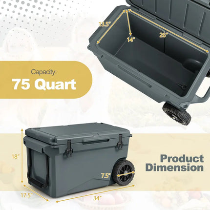 75 Quart Portable Cooler Rotomolded Ice Chest with Handles and Wheels-Gray - Gray - Coolers