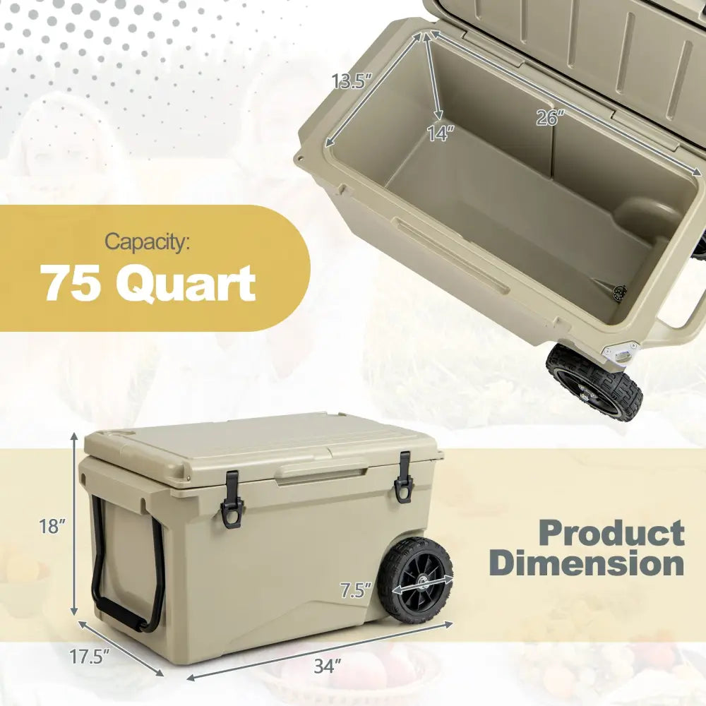 75 Quart Portable Cooler Rotomolded Ice Chest with Handles and Wheels-Tan - Tan - Coolers