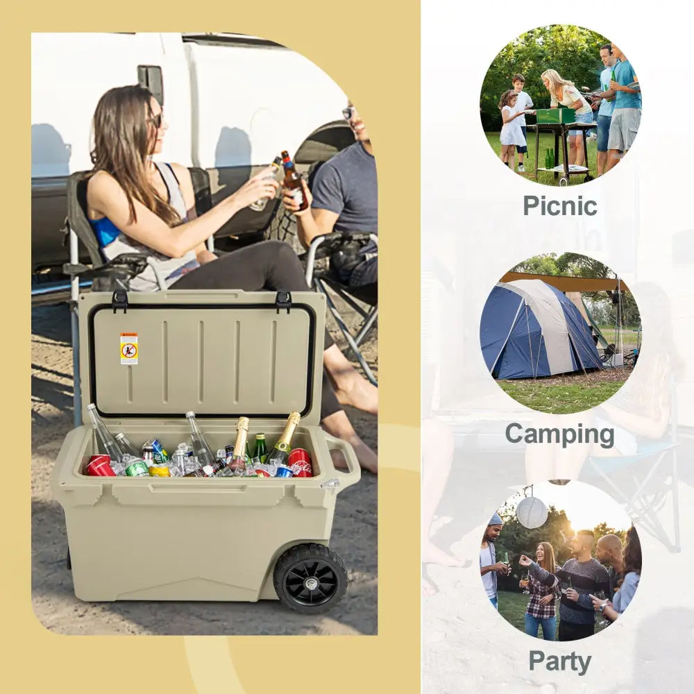 75 Quart Portable Cooler Rotomolded Ice Chest with Handles and Wheels-Tan - Tan - Coolers