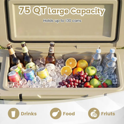 75 Quart Portable Hard Cooler with 6-Day Ice Retention and Wheels-Khaki - Khaki - Coolers