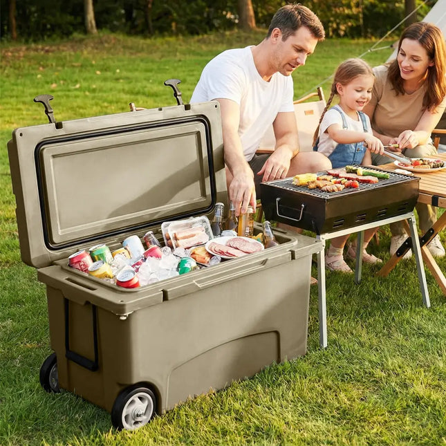 75 Quart Portable Hard Cooler with 6-Day Ice Retention and Wheels-Khaki - Khaki - Coolers