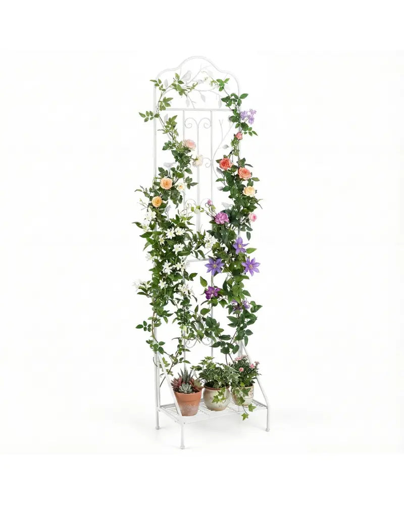 75 x 20 Inch Outdoor Metal Garden Trellis with Foldable Bottom Shelf-White - White - Plant Supports