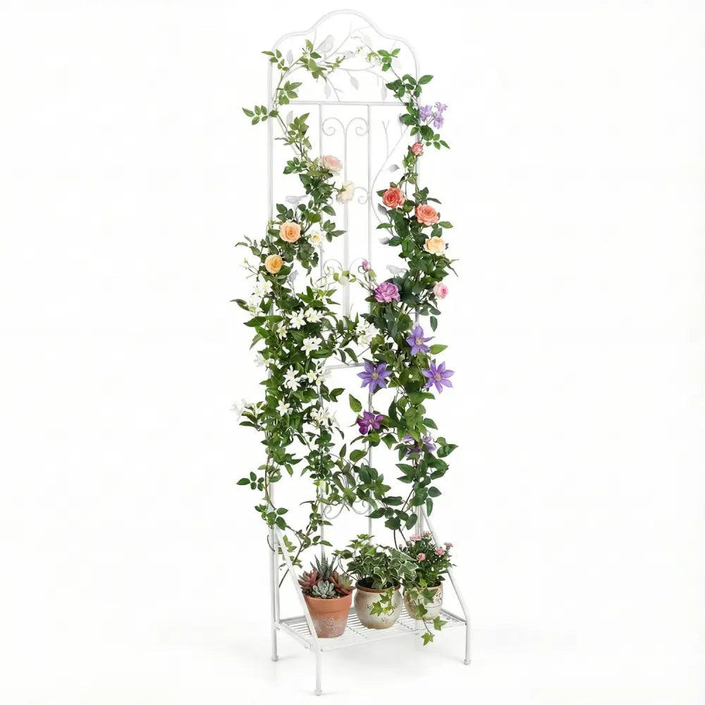 75 x 20 Inch Outdoor Metal Garden Trellis with Foldable Bottom Shelf-White - White - Plant Supports