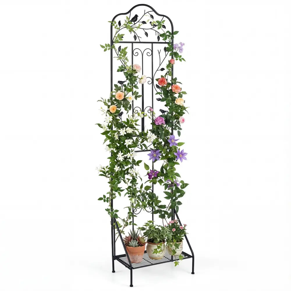 75 x 20 Inch Outdoor Metal Garden Trellis with Foldable Bottom Shelf-Black - Black - Plant Supports