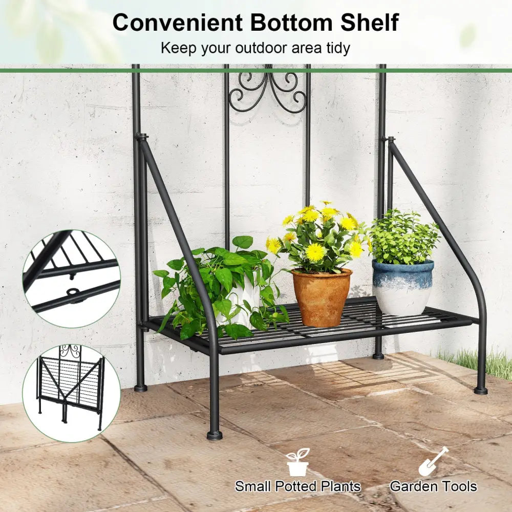 75 x 20 Inch Outdoor Metal Garden Trellis with Foldable Bottom Shelf-Black - Black - Plant Supports