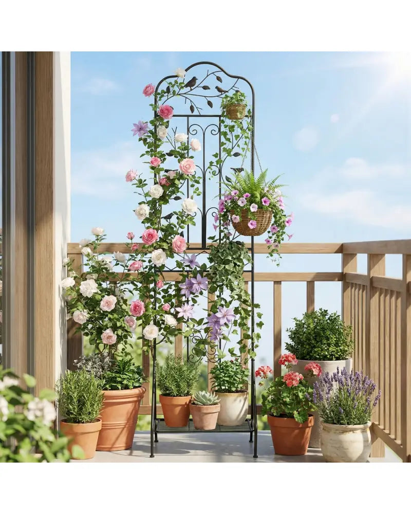 75 x 20 Inch Outdoor Metal Garden Trellis with Foldable Bottom Shelf-Black - Black - Plant Supports
