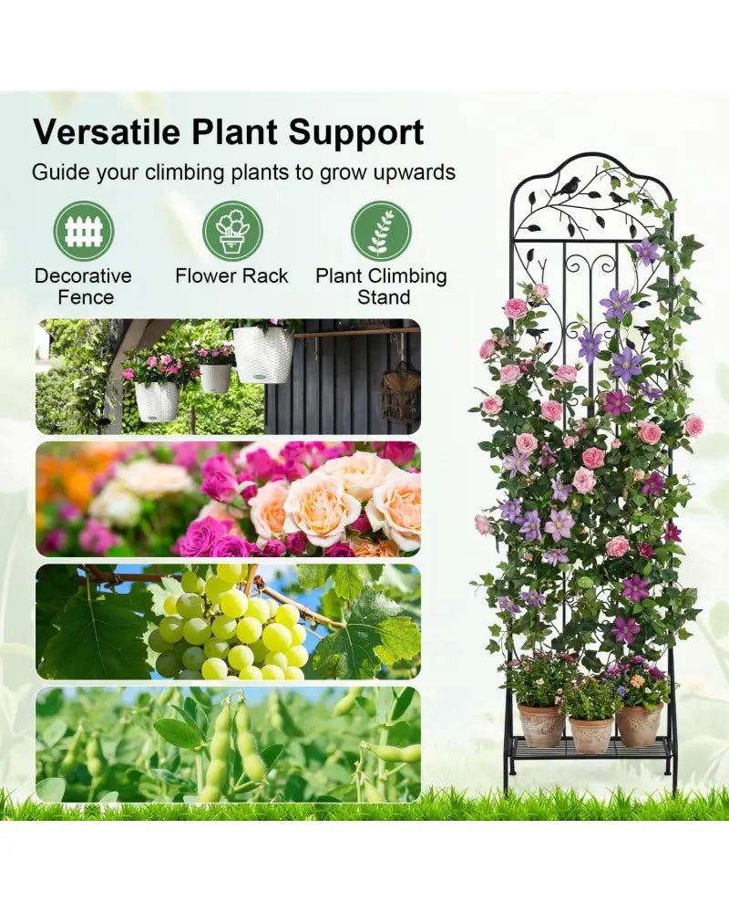 75 x 20 Inch Outdoor Metal Garden Trellis with Foldable Bottom Shelf-Black - Black - Plant Supports