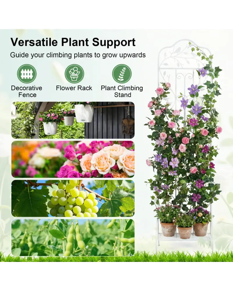75 x 20 Inch Outdoor Metal Garden Trellis with Foldable Bottom Shelf-White - White - Plant Supports