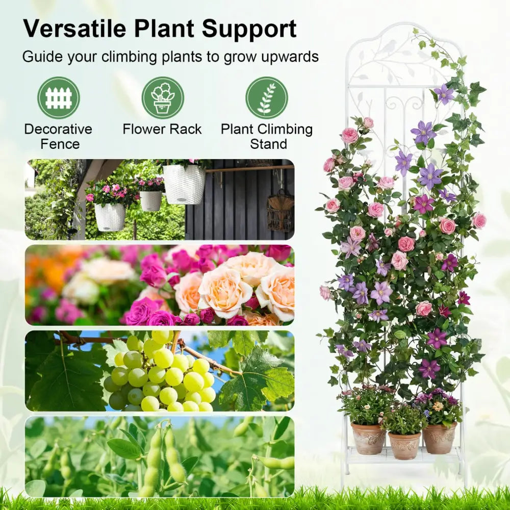 75 x 20 Inch Outdoor Metal Garden Trellis with Foldable Bottom Shelf-White - White - Plant Supports