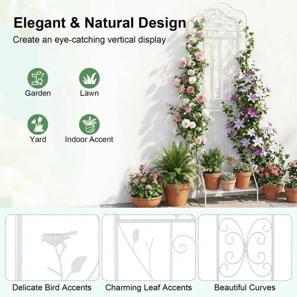 75 x 20 Inch Outdoor Metal Garden Trellis with Foldable Bottom Shelf-White - White - Plant Supports