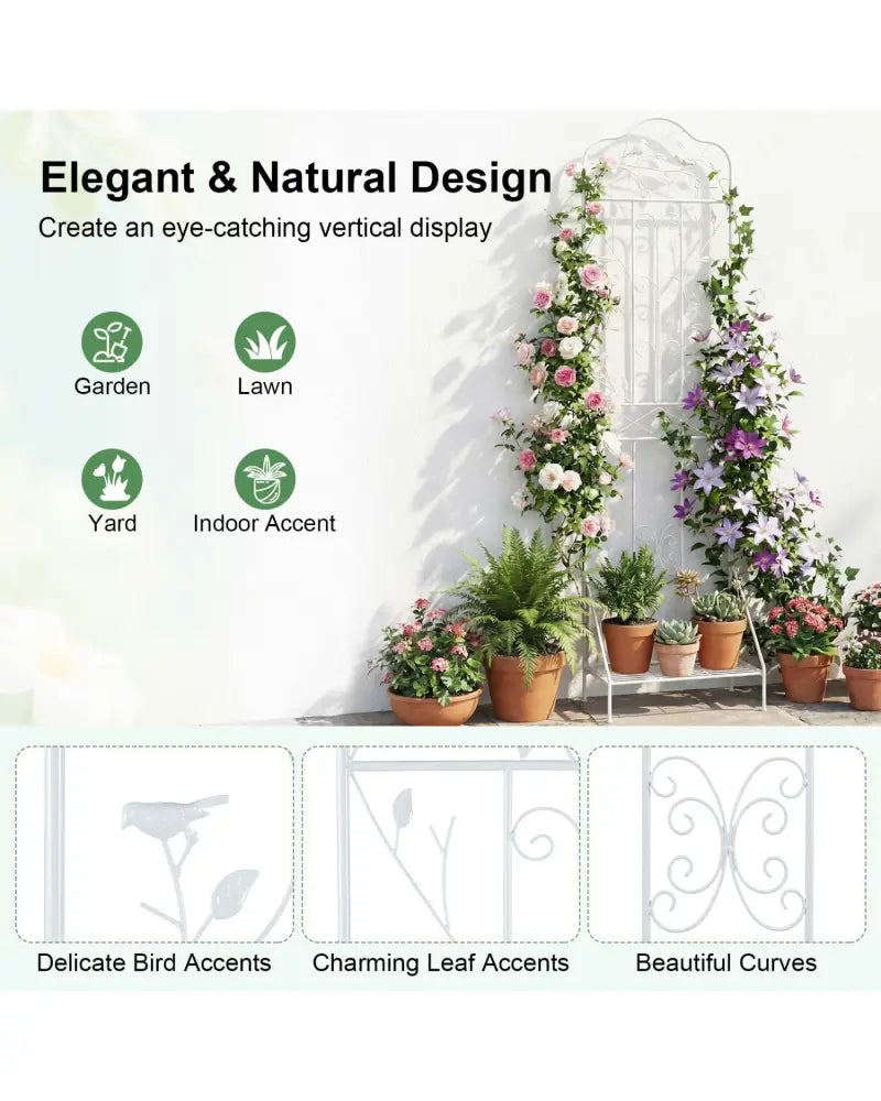 75 x 20 Inch Outdoor Metal Garden Trellis with Foldable Bottom Shelf-White - White - Plant Supports