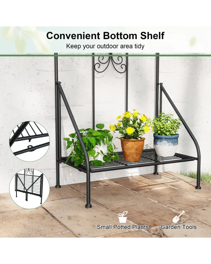 75 x 20 Inch Outdoor Metal Garden Trellis with Foldable Bottom Shelf-Black - Black - Plant Supports