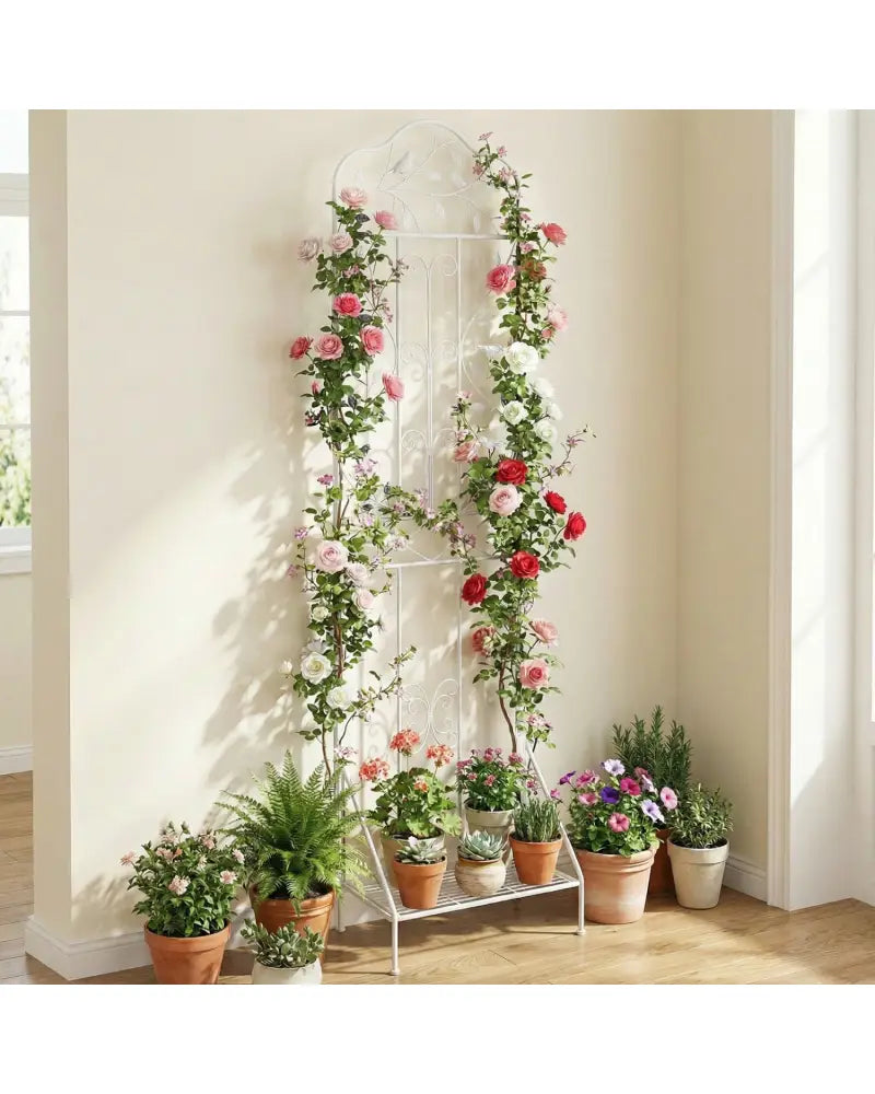 75 x 20 Inch Outdoor Metal Garden Trellis with Foldable Bottom Shelf-White - White - Plant Supports