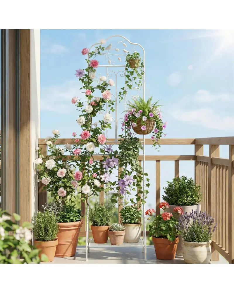 75 x 20 Inch Outdoor Metal Garden Trellis with Foldable Bottom Shelf-White - White - Plant Supports