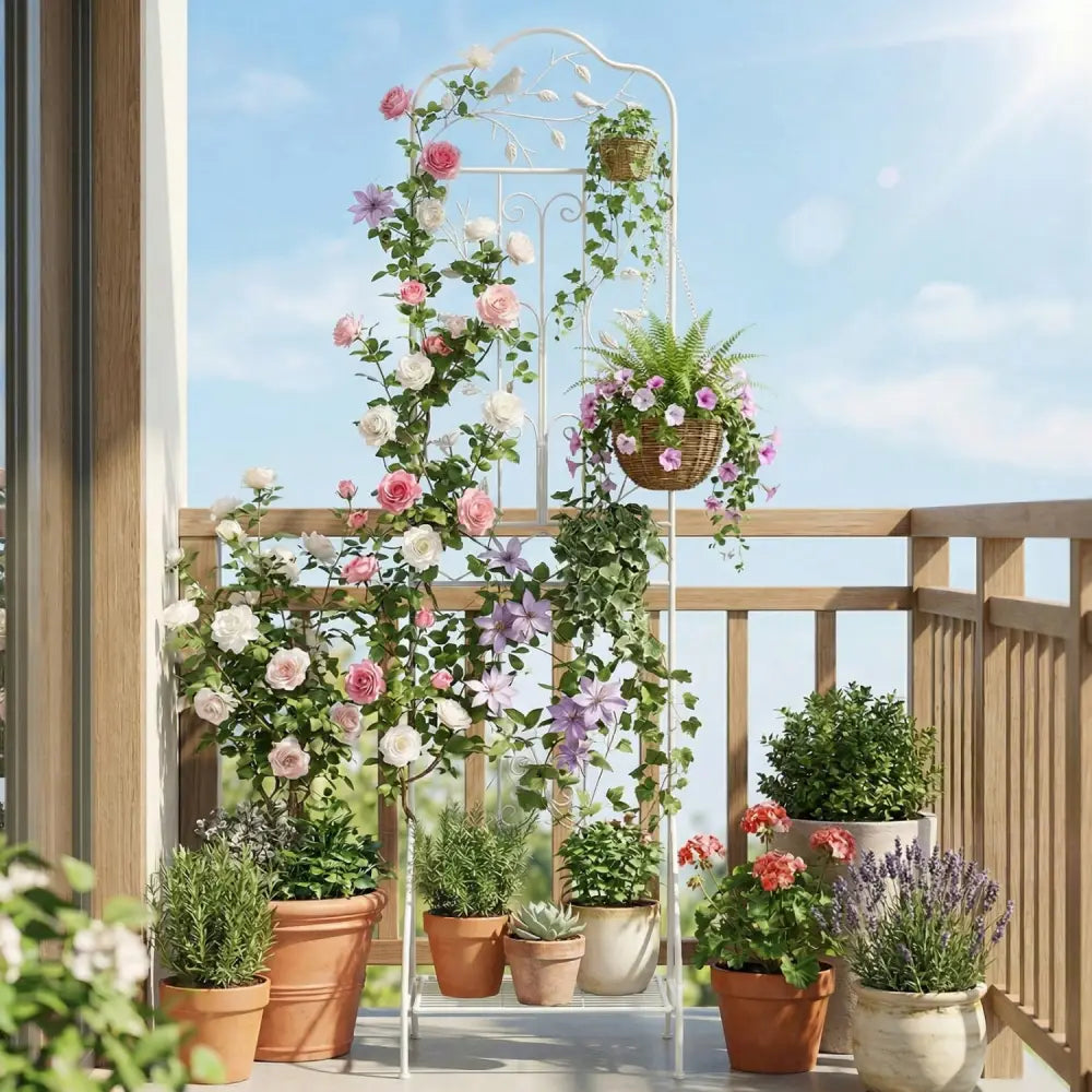 75 x 20 Inch Outdoor Metal Garden Trellis with Foldable Bottom Shelf-White - White - Plant Supports