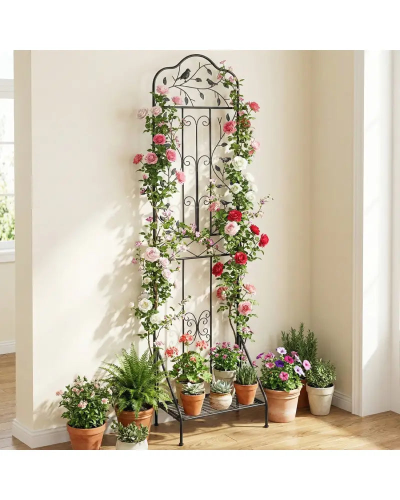 75 x 20 Inch Outdoor Metal Garden Trellis with Foldable Bottom Shelf-Black - Black - Plant Supports