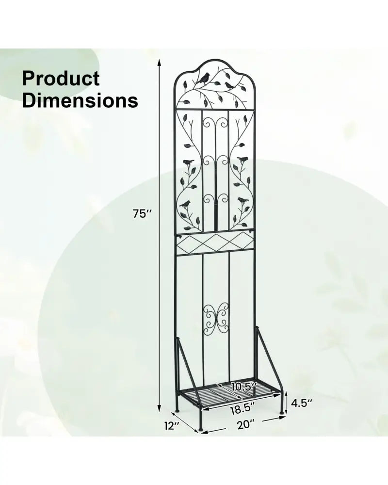 75 x 20 Inch Outdoor Metal Garden Trellis with Foldable Bottom Shelf-Black - Black - Plant Supports