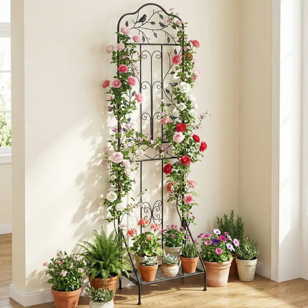 75 x 20 Inch Outdoor Metal Garden Trellis with Foldable Bottom Shelf-Black - Black - Plant Supports