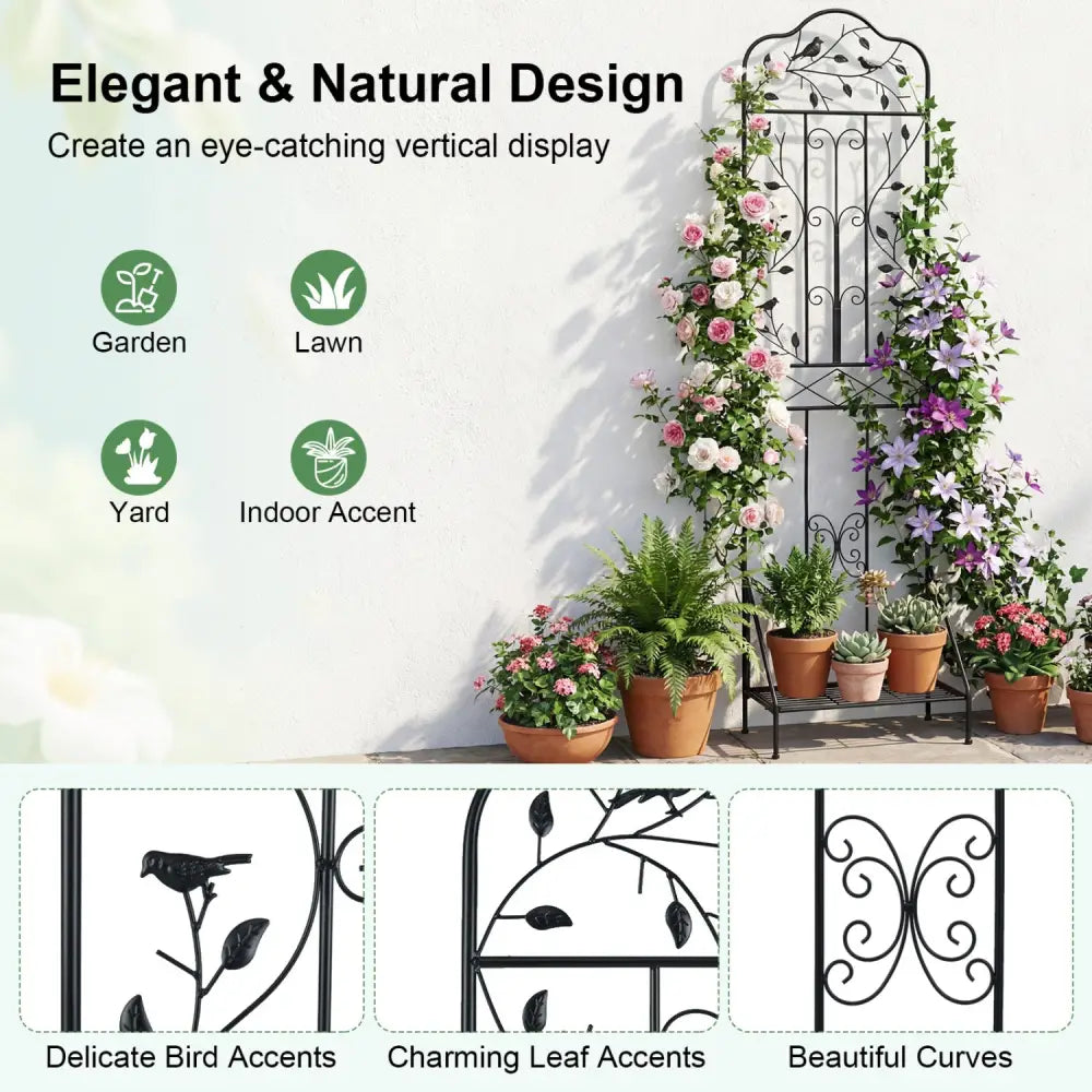 75 x 20 Inch Outdoor Metal Garden Trellis with Foldable Bottom Shelf-Black - Black - Plant Supports