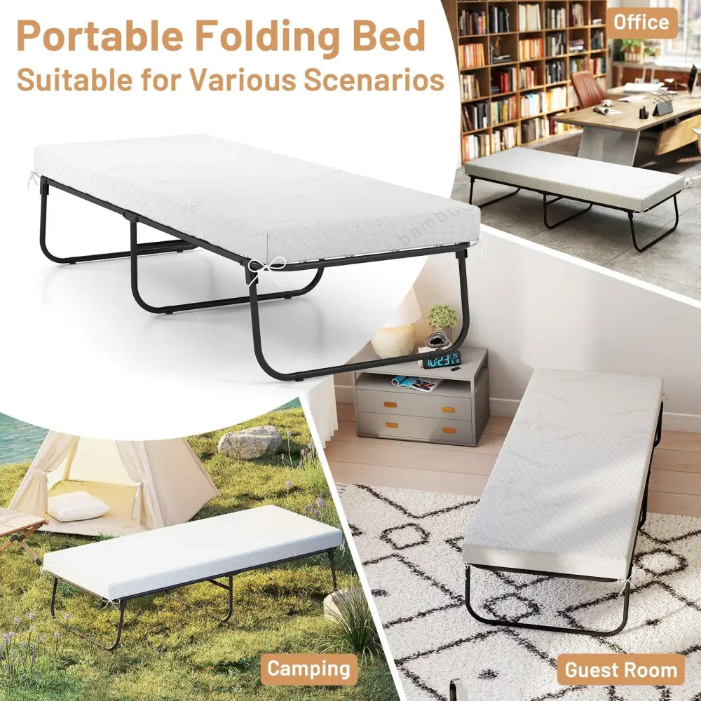 75 x 31 Inch Folding Bed with Mattress Cot Size with Memory Foam - White - Folding Beds