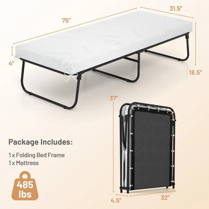 75 x 31 Inch Folding Bed with Mattress Cot Size with Memory Foam - White - Folding Beds