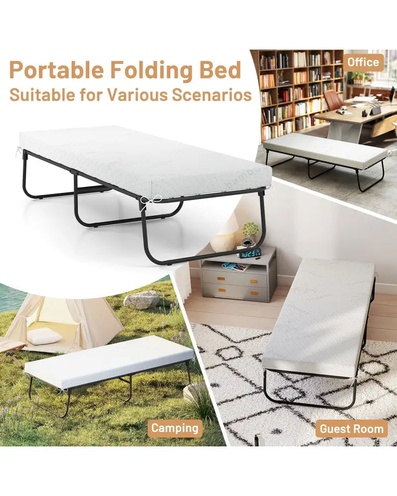 75 x 31 Inch Folding Bed with Mattress Cot Size with Memory Foam - White - Folding Beds