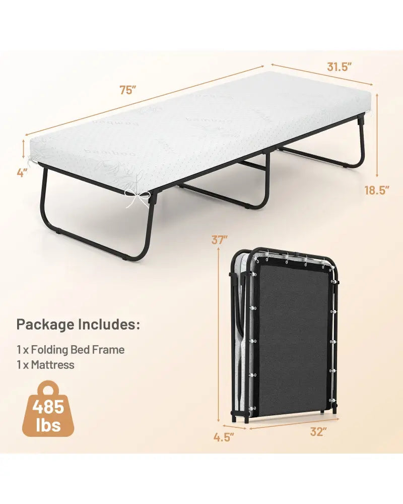 75 x 31 Inch Folding Bed with Mattress Cot Size with Memory Foam - White - Folding Beds