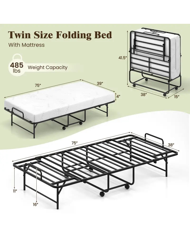75 x 38 Inch Folding Bed with Mattress Twin Size Rolling Guest Bed - Folding Beds