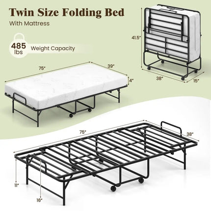 75 x 38 Inch Folding Bed with Mattress Twin Size Rolling Guest Bed - Folding Beds