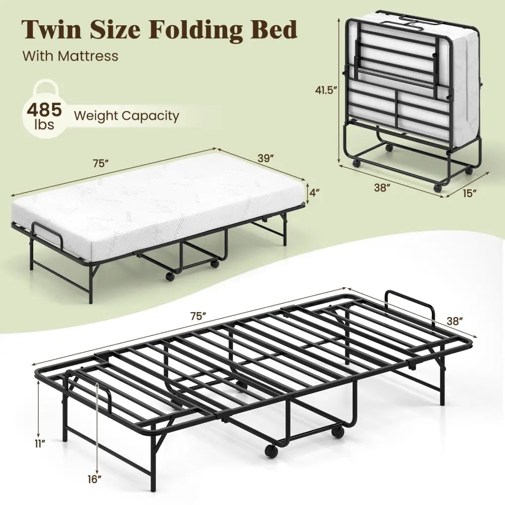 75 x 38 Inch Folding Bed with Mattress Twin Size Rolling Guest Bed - Folding Beds