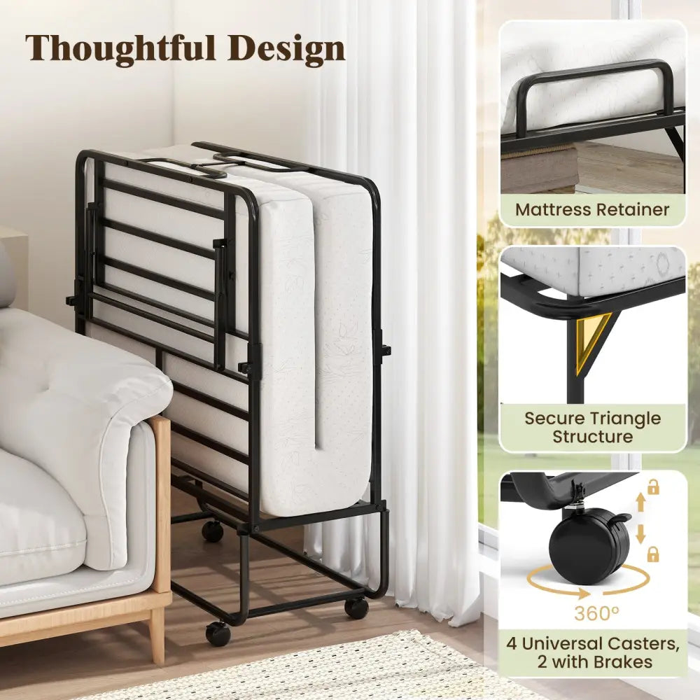 75 x 38 Inch Folding Bed with Mattress Twin Size Rolling Guest Bed - Folding Beds