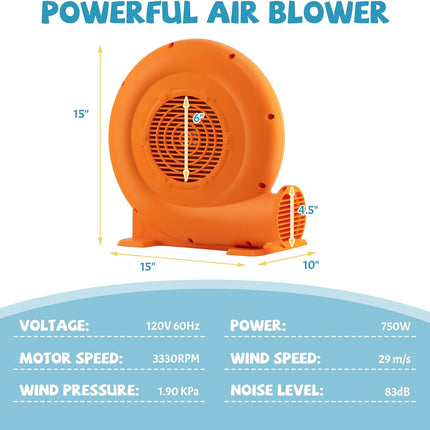 750W Air Blower (1.0HP) for Inflatables with 25 feet Wire and GFCI Plug