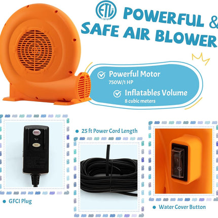 750W Air Blower (1.0HP) for Inflatables with 25 feet Wire and GFCI Plug