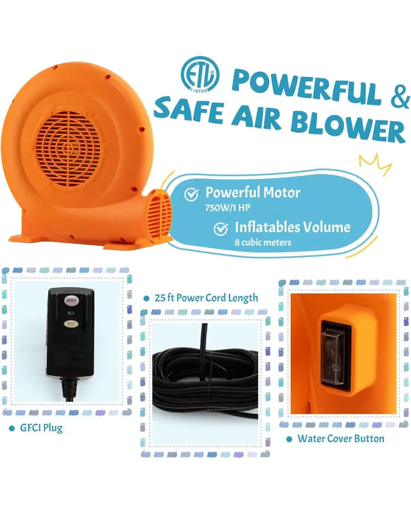 750W Air Blower (1.0HP) for Inflatables with 25 feet Wire and GFCI Plug - Orange - Air Blowers