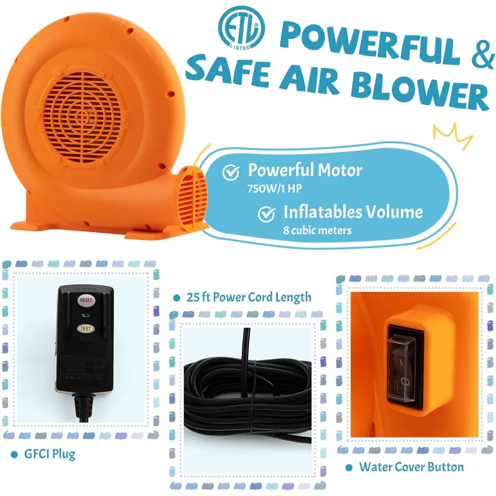 750W Air Blower (1.0HP) for Inflatables with 25 feet Wire and GFCI Plug - Orange - Air Blowers