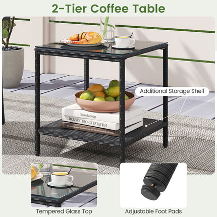 3 Piece Patio Furniture Set with Seat Cushions and Tempered Glass -White