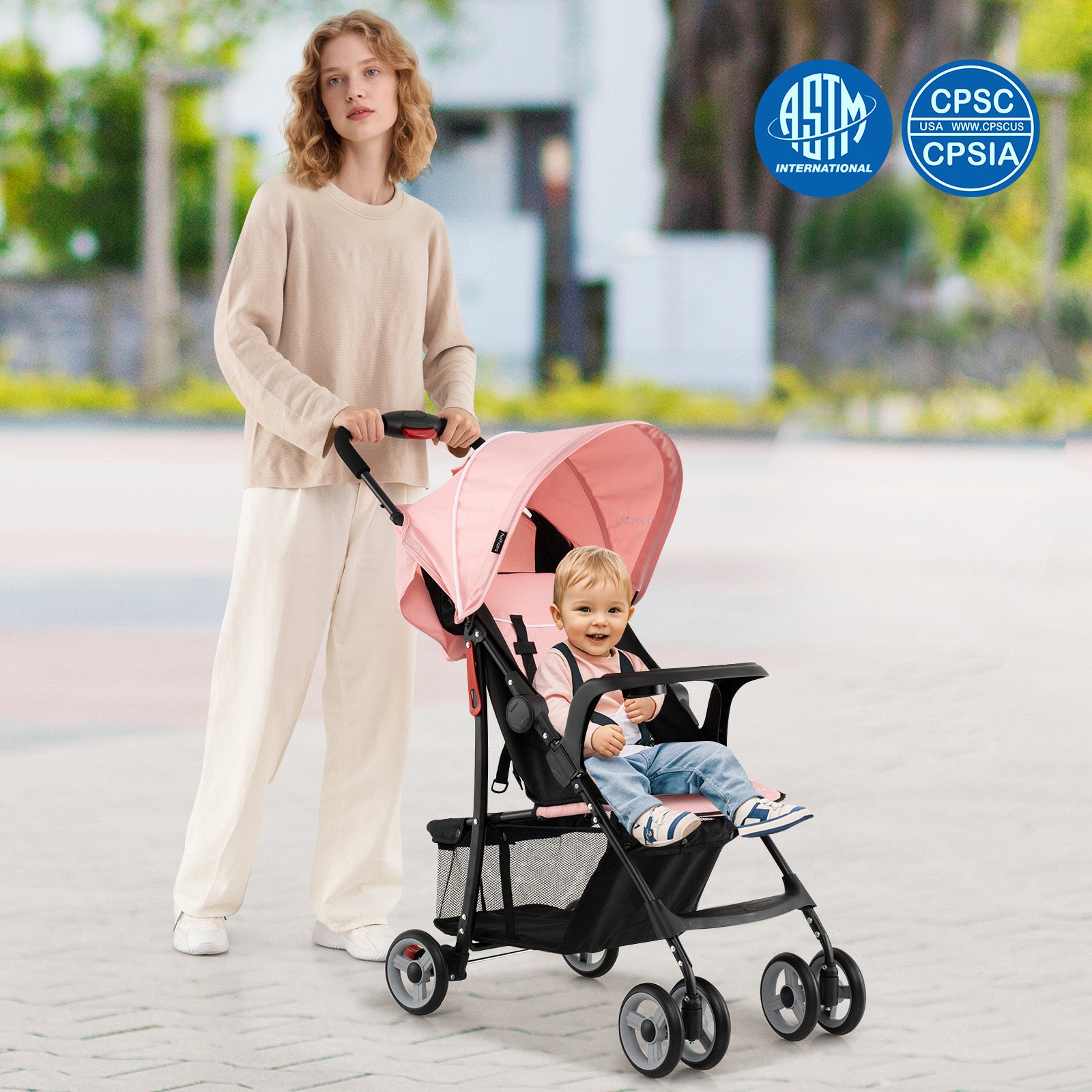 Toddler Travel Stroller for Airplane with Canopy and Adjustable Backrest-Pink
