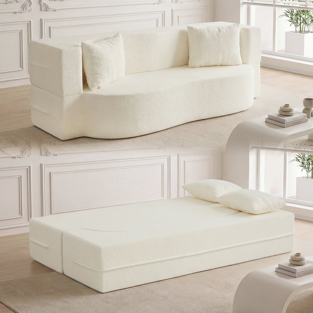 75.5 inch Folding Sofa Bed 2-in-1 Convertible Teddy Fleece Floor Loveseat with 2 Comfortable Pillows-Beige