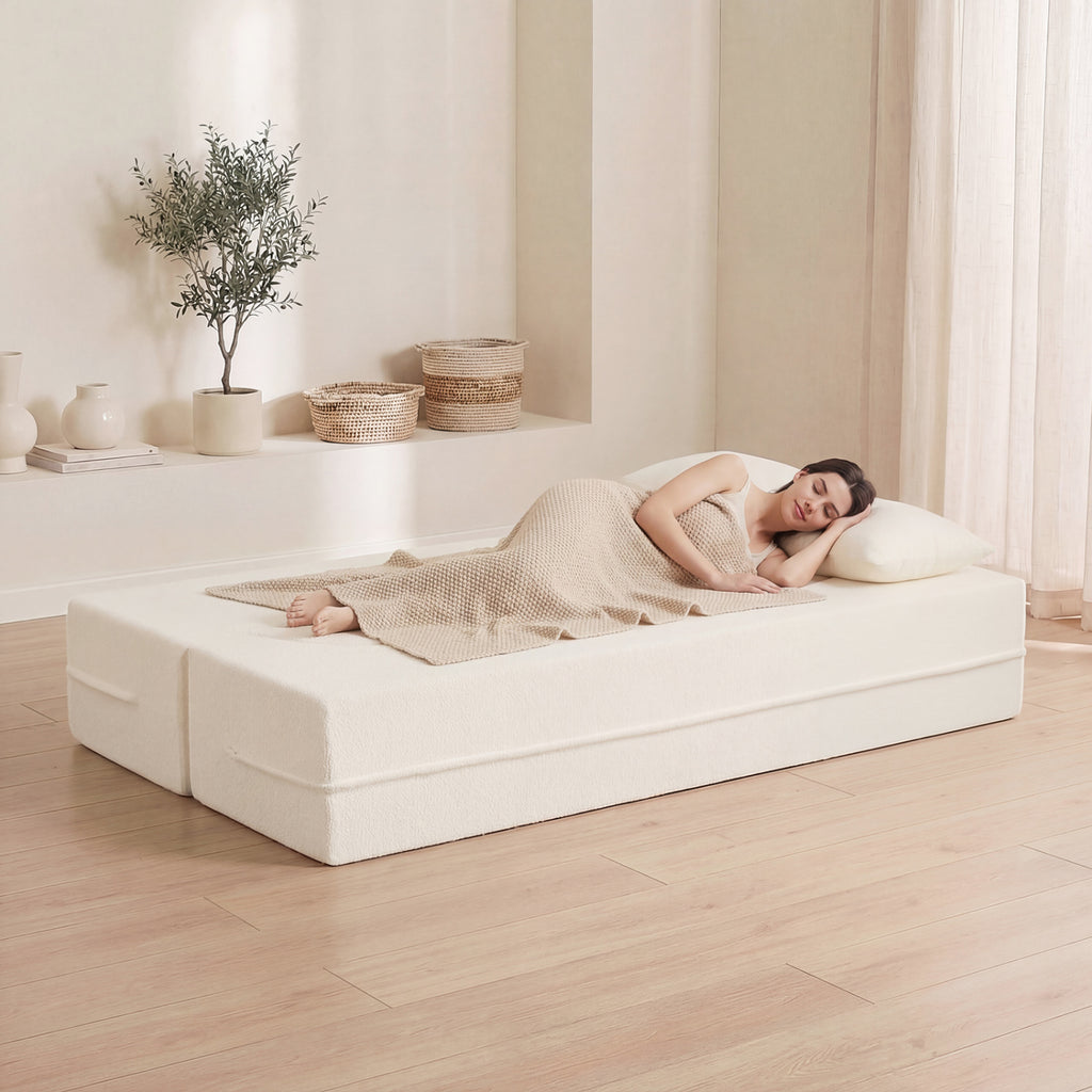 75.5 inch Folding Sofa Bed 2-in-1 Convertible Teddy Fleece Floor Loveseat with 2 Comfortable Pillows-Beige