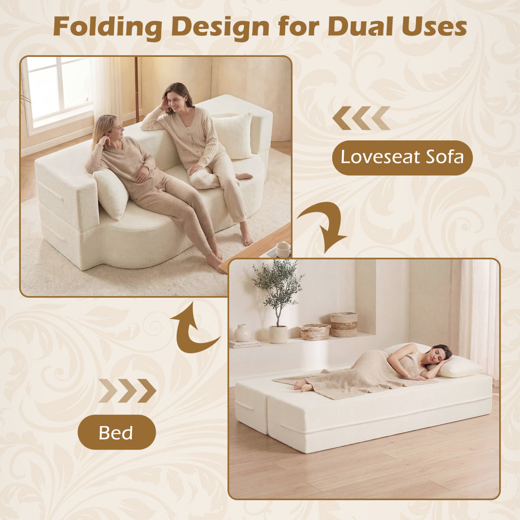 75.5 inch Folding Sofa Bed 2-in-1 Convertible Teddy Fleece Floor Loveseat with 2 Comfortable Pillows-Beige