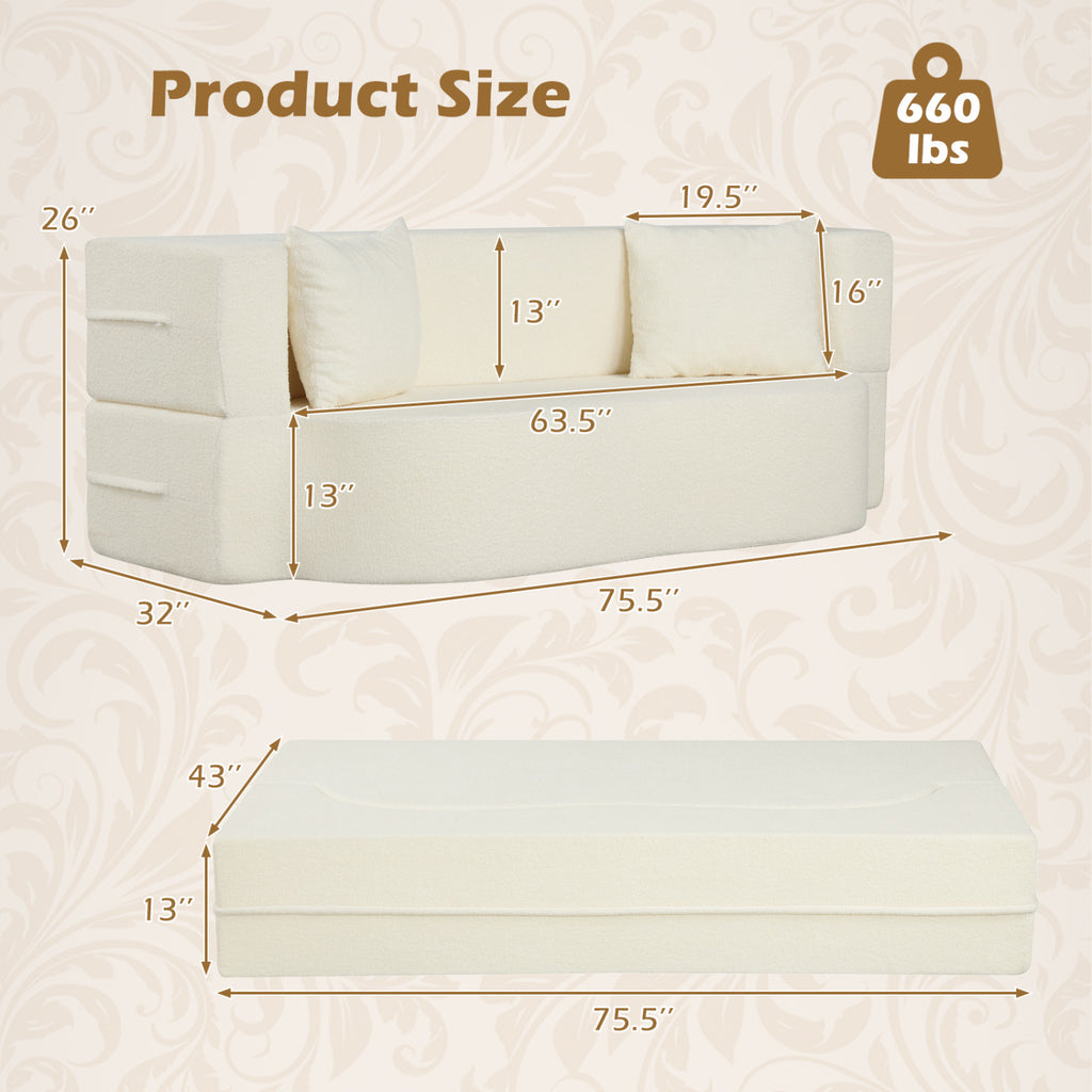 75.5 inch Folding Sofa Bed 2-in-1 Convertible Teddy Fleece Floor Loveseat with 2 Comfortable Pillows-Beige