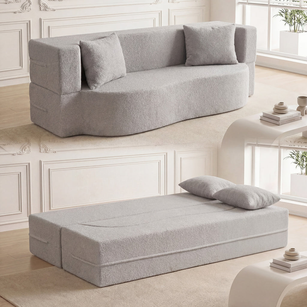 75.5 inch Folding Sofa Bed 2-in-1 Convertible Teddy Fleece Floor Loveseat with 2 Comfortable Pillows-Gray