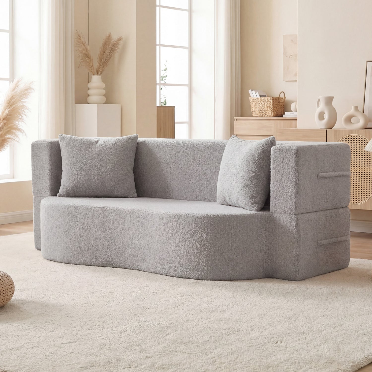 75.5 inch Folding Sofa Bed 2-in-1 Convertible Teddy Fleece Floor Loveseat with 2 Comfortable Pillows-Gray