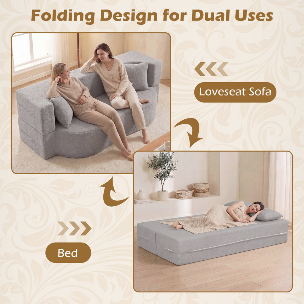 75.5 inch Folding Sofa Bed 2-in-1 Convertible Teddy Fleece Floor Loveseat with 2 Comfortable Pillows-Gray