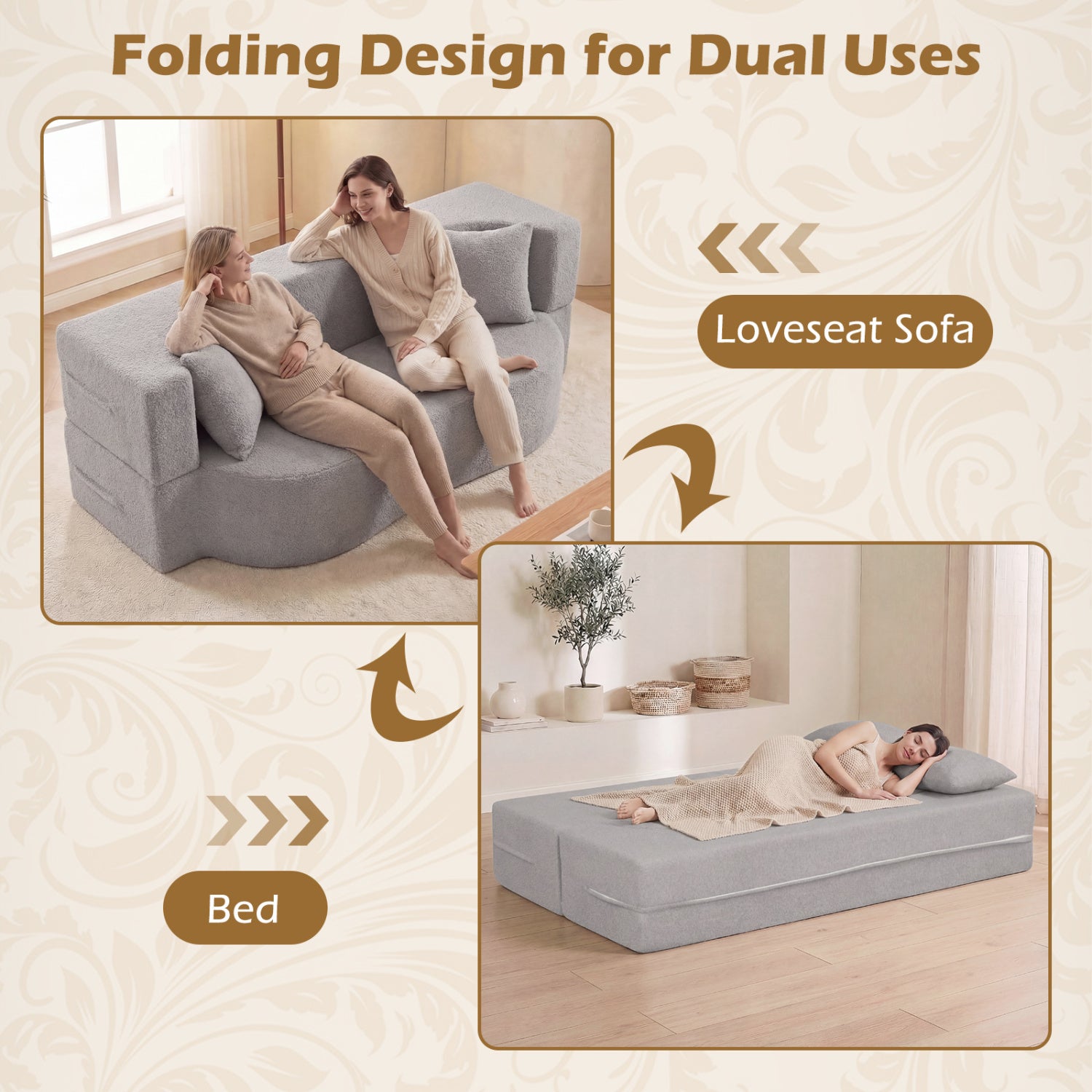 75.5 inch Folding Sofa Bed 2-in-1 Convertible Teddy Fleece Floor Loveseat with 2 Comfortable Pillows-Gray